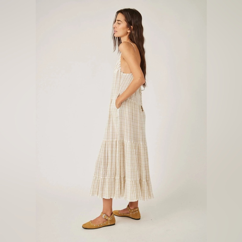 NWT Free People Marigold Gauzy Plaid Tiered Maxi Dress in Canvas Combo Sz XL - Picture 3 of 16